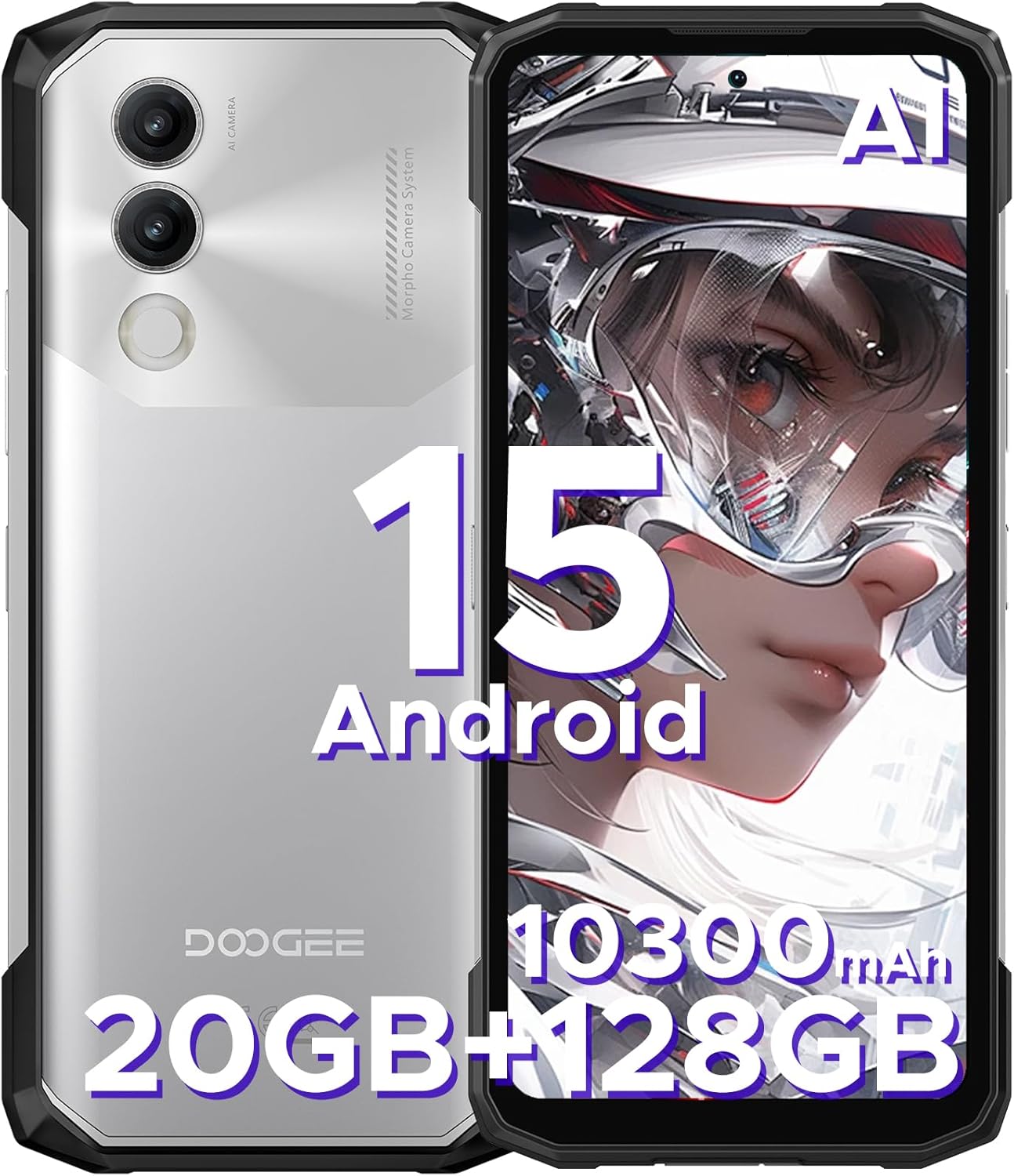 DOOGEE Blade 20 Android 15 Rugged Smartphone,10300mAh/18W,20GB+128GB/TF 2TB Octa Core Rugged Phone,6.6″ HD+ Gaming Phones,16MP Camera,IP68/IP69K Waterproof Phone,Triple Slot/NFC/Face ID/GPS